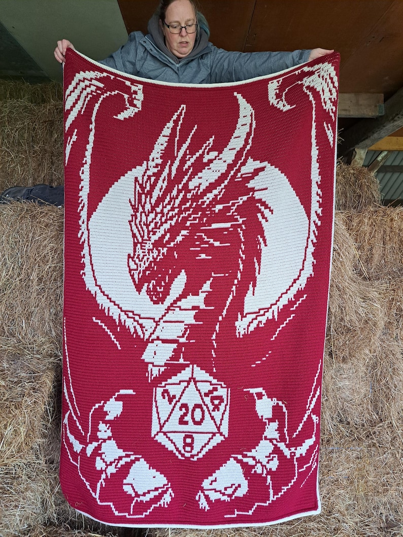 Puede incluir: Una manta de crochet roja con un dise&ntilde;o de drag&oacute;n blanco que sostiene un dado de 20 caras. La manta tiene un borde blanco.