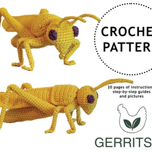 May include: Crochet pattern for a yellow grasshopper. The pattern includes 20 pages of instructions, step-by-step guides, and pictures. The pattern is by Gerritses.