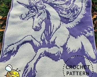 Patrón PDF de manta de ganchillo con mosaico superpuesto de unicornio y pegaso de Fantasy Flight