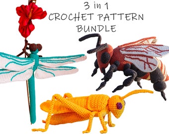 3in1 Crochet Pattern Bundle | Bee | Dragonfly | Grasshopper (Pdf Pattern Only - NOT FINISHED ITEM)