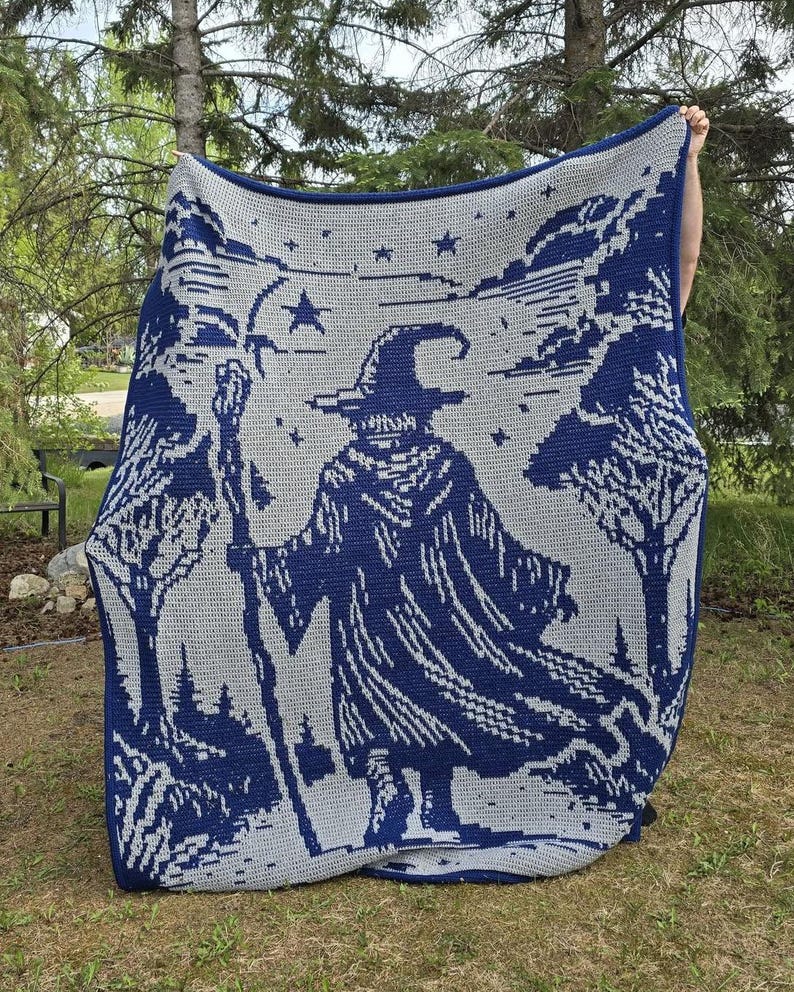 May include: A large, crocheted blanket featuring a wizard design in shades of blue and gray. The wizard is holding a staff and is surrounded by trees and stars. The blanket is held up outdoors.