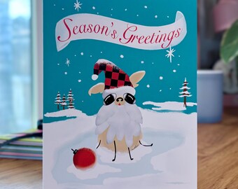 Kawaii Dog Christmas Card – Santa Puppy Holiday Greeting, Whimsical Winter Illustration