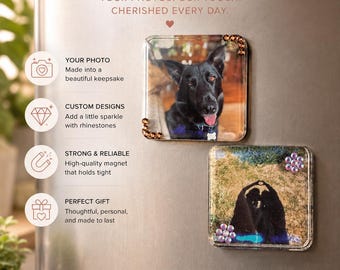 May include: Two square custom photo magnets attached to a metallic surface. One magnet features a black dog, the other shows a person making a heart shape with their hands. Both magnets are decorated with small, colorful rhinestones in the corners.
