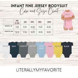 Puede incluir: Body de beb&eacute; de punto fino en varios colores, incluyendo blanco, azul marino y rosa. La imagen incluye una tabla de tallas con medidas en pulgadas para diferentes tallas, desde reci&eacute;n nacido hasta 24 meses. El texto "LITERALLYMYFAVORITE" est&aacute; en la parte inferior.