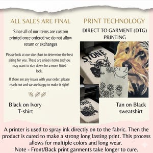 Puede incluir: Gr&aacute;fico informativo sobre la impresi&oacute;n directa a la prenda (DTG). La imagen muestra ejemplos de camisetas y sudaderas estampadas. El texto proporciona detalles sobre el proceso de impresi&oacute;n, las ventas finales y el tallaje unisex. La combinaci&oacute;n de colores es marfil, negro y beige.
