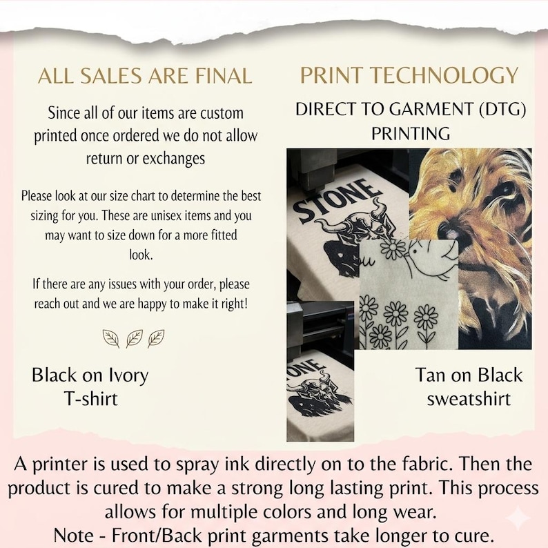 Puede incluir: Gr&aacute;fico informativo sobre la impresi&oacute;n directa a la prenda (DTG). La imagen muestra ejemplos de camisetas y sudaderas estampadas. El texto proporciona detalles sobre el proceso de impresi&oacute;n, las ventas finales y el tallaje unisex. La combinaci&oacute;n de colores es marfil, negro y beige.
