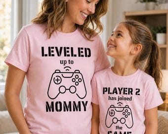 Camiseta a juego para mamá y bebé gamers, camiseta "Leveled Up to Daddy" (Subí de nivel a papá), "Player 2 Has Enter the Game" (El jugador 2 ha entrado en el juego).