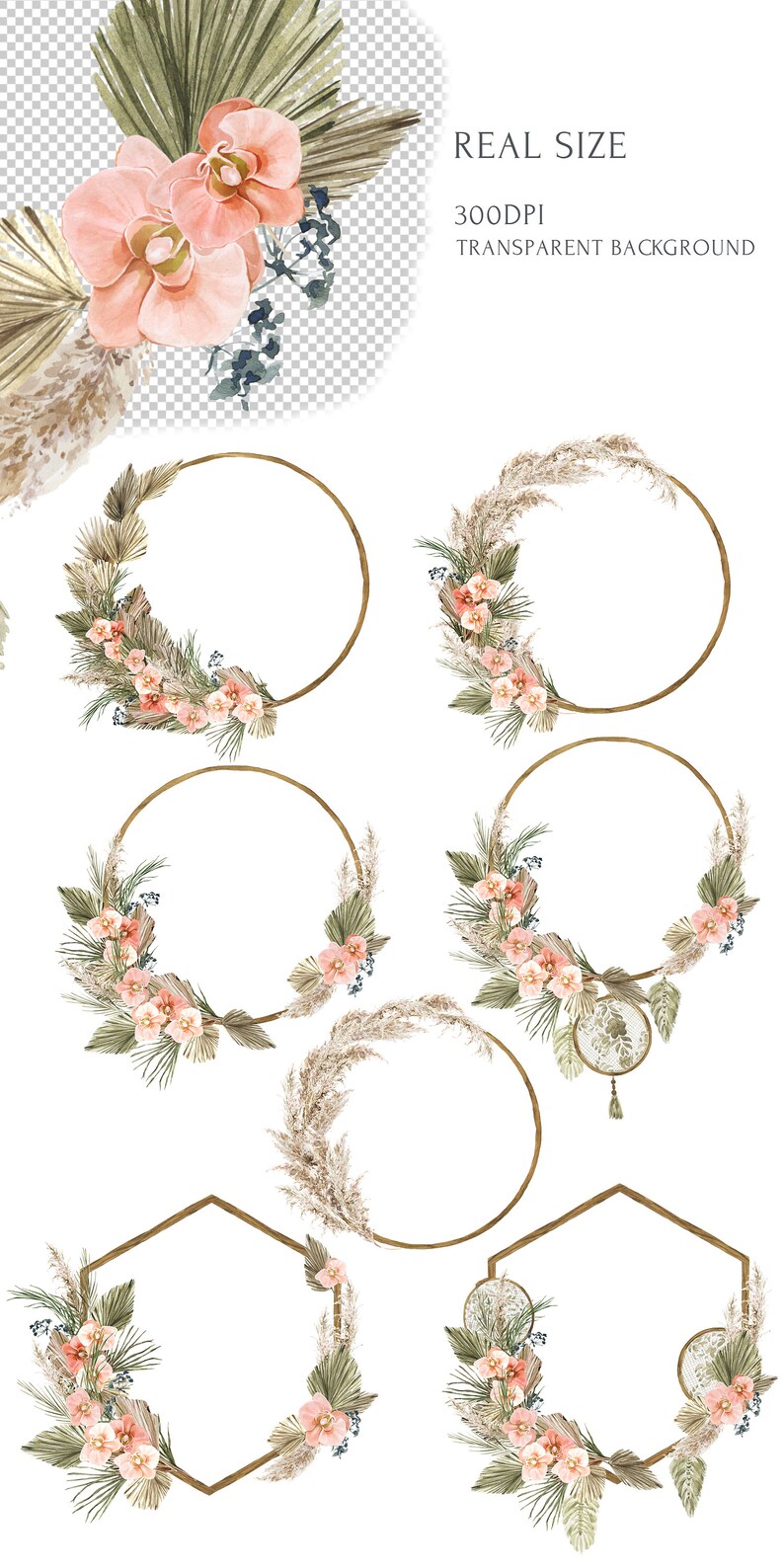 Round Floral Tropical Wreath clipart. Dried palm leaves png | Etsy