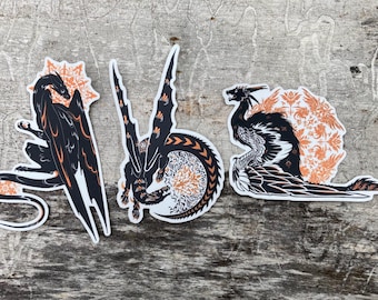 Black, White, Orange Holographic Matte Dragon Stickers - Pack of 3