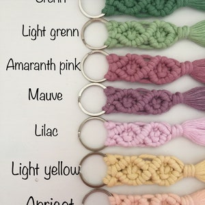 May include: Seven keychains with different colored macrame tassels. The colors are green, light green, amaranth pink, mauve, lilac, light yellow, and apricot. Each keychain has a silver ring.