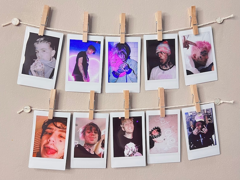 May include: A wall display of ten Polaroid photos featuring a young man with various hairstyles and clothing. The photos are hung on a string with clothespins.