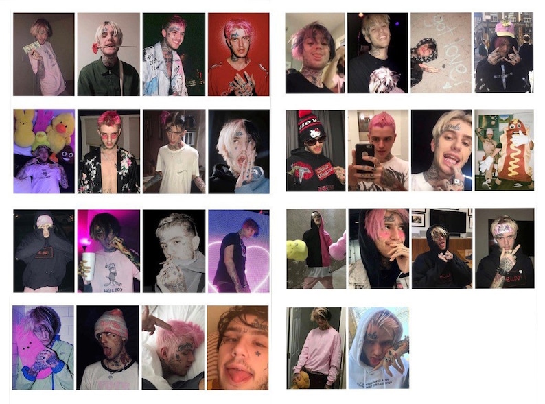 May include: A collage of 20 images featuring a young man with pink and black hair. The images show him in various poses and settings, including wearing different clothing and accessories.