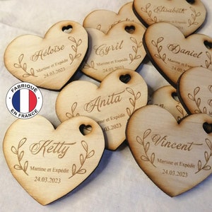 Wooden place mark, guest first name label, heart shape, wedding