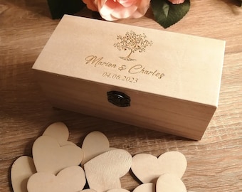 Livre d'or à personnaliser avec cœurs en bois, boîte de souvenirs de mariage rustique gravée.