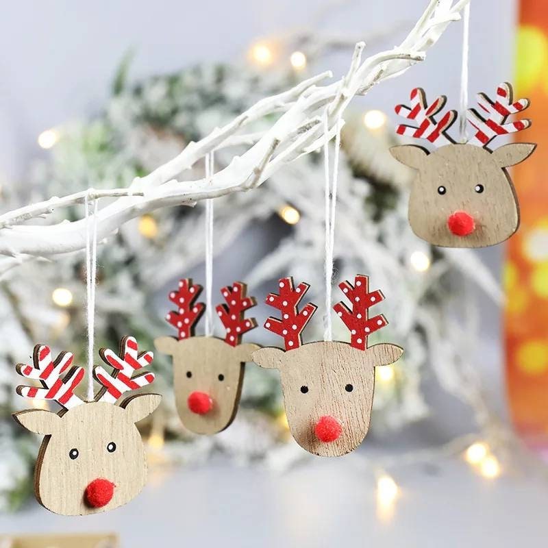Décoration de Noël Artisanale en Bois à Suspendre - Renne avec Nez Rouge, 4Pc.