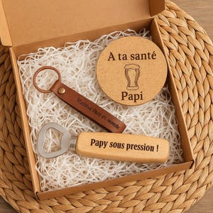 Coffret cadeau homme – Cadeau original – Décapsuleur bois, sous-verre liège, porte-clés cuir – Idée cadeau fête des grands-pères, Papa apéro