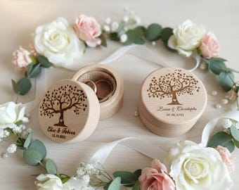 Personalized round wedding ring box in raw beech wood, wedding box - Choice of models