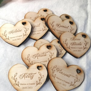 Marque place en bois étiquette prénom invité, forme coeur, mariage image 5