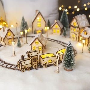 Petit train en bois avec pont pour village de Noël, Décoration artisanale, Village de Noël, kit DIY