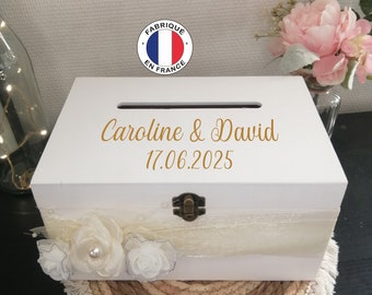 Urne en bois blanche pour carte de mariage personnalisable, Coffret