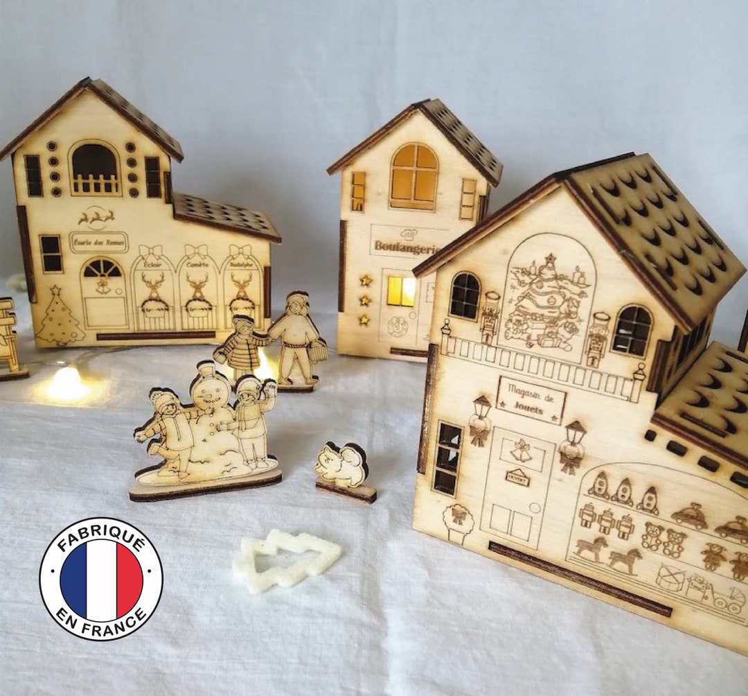 3 Pièces Village De Noel Lumineux En Bois, LED Maisons De