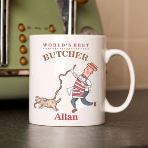 Male Butcher Humorous Personalised Mug with Name and Design. Personalised with Recipients First Name. Colleague, Worker Gift Idea. UK Only.