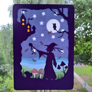 Waldorf Window Picture Transparent Autumn Halloween Wizard with Mushrooms Owl Bat