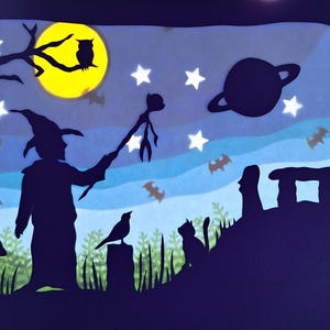 Waldorf Window Picture Transparent Autumn Wizard with Raven Cat Owl and Bat Halloween