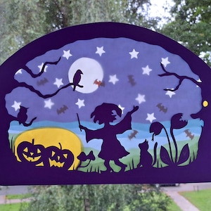 Waldorf Window Picture Transparent Autumn Halloween Witch in Magic Garden Cat Raven Bat