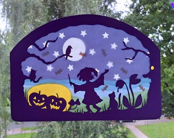 Waldorf Window Picture Transparent Autumn Halloween Witch in Magic Garden Cat Raven Bat