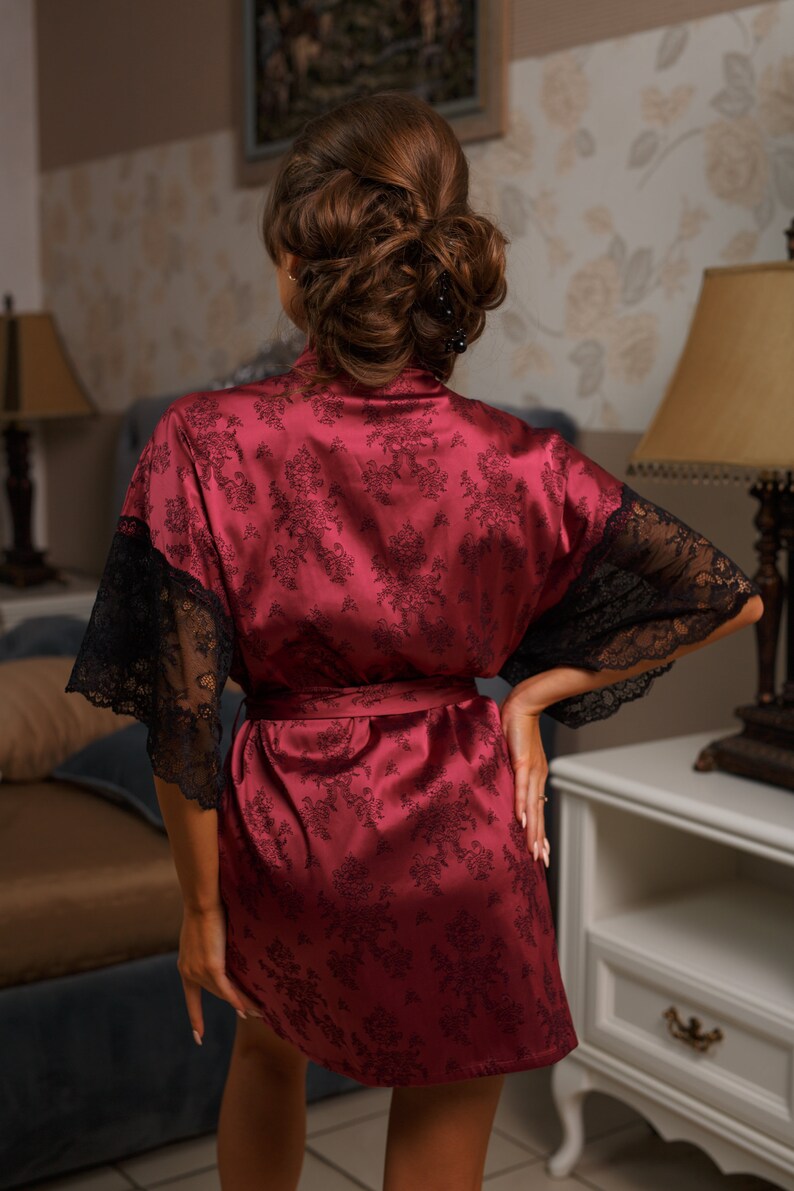 Printed Cherry Stretch SILK Satin and Black Lace Lace Robe Elbow Lace Sleeve Women/'s Dressing Gown Kimono Robe Female Hand Robot