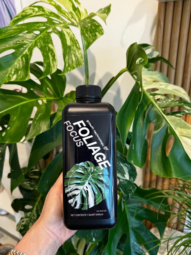 May include: A black bottle of Foliage Focus plant fertilizer with a white monstera leaf graphic. The bottle is labeled with the text "Foliage Focus" and "Grow Technology". The bottle contains 1 quart (946 ml) of fertilizer.