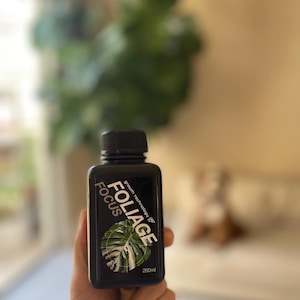 May include: A black bottle of Foliage Focus growth technology for plants. The bottle is labeled with a green and white monstera leaf graphic and the text "Foliage Focus" and "250ml".
