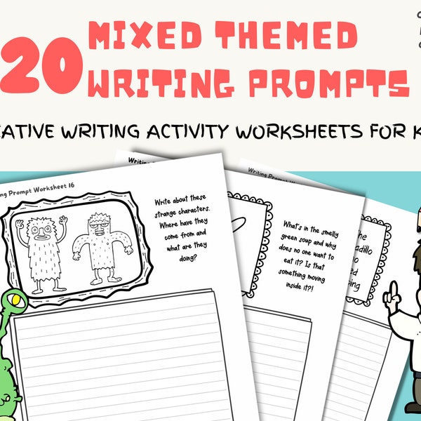 20 Mixed Theme Creative Writing Prompts for Kids | Worksheets for Kids | Writing Activity | Digital Download | Homeschool Printable Resource