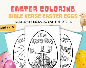 May include: A bundle of five Easter coloring pages with Bible verses inside egg shapes. The text "EASTER COLORING BIBLE VERSE EASTER EGGS" is at the top. A yellow chick and decorated Easter eggs are also visible.