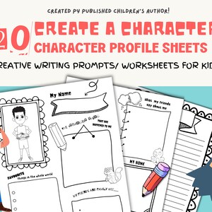 Può includere: Un set di 20 fogli di profilo del personaggio stampabili per bambini. I fogli includono suggerimenti per i bambini per creare i propri personaggi, inclusi il loro nome, le loro cose preferite, cosa dicono i loro amici su di loro e molto altro. I fogli sono in bianco e nero e hanno uno stile cartone animato.
