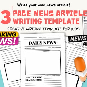 May include: A printable template for kids to write their own news articles. The template features a black and white newspaper design with a headline, date, and space for a photo and text. The words "Breaking News!" and "News Alert!" are in red and white.