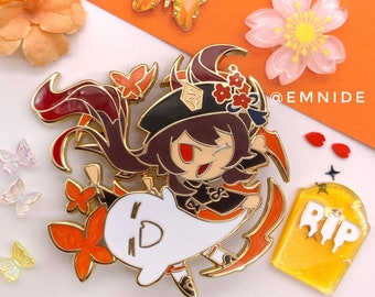 Hu Tao Burst Pin, 2.25" Pearlescent Glitter Hard Enamel Pin Gold Cute, Genshin Impact