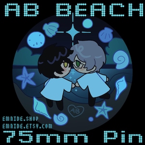 May include: A circular blue pin with the words "AB BEACH" in a dot matrix font. The pin shows two cartoon figures holding hands, surrounded by seashells, stars, and the text "75mm Pin". The Etsy shop and website are also listed.