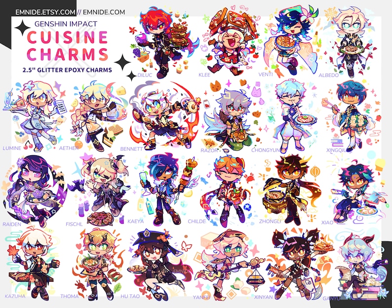 Genshin Cuisine Charms, 2.5' Glitter Epoxy Acrylic Keychain, GI Genshin Impact - Kaeya, Xiao, Childe, Zhongli, Klee, Diluc, Bennett, Venti 