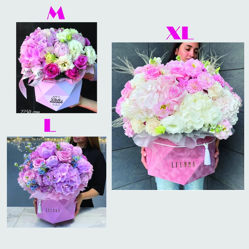 May include: Pink, white, and purple floral arrangements in geometric pink boxes. The boxes have the text "LFLORA" on them. The arrangements include roses, hydrangeas, and other flowers. Sizes are labeled M, L, and XL.