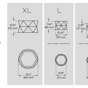May include: Diagram showing size specifications for three different sized products: XL, L, and M. Measurements are provided in inches and millimeters. The text "Size" is displayed in bold. The XL size is 8.46" x 215 mm, L is 7.44" x 189 mm, and M is 5.39" x 137 mm.