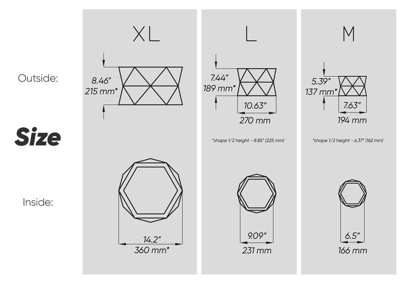 May include: Diagram showing size specifications for three different sized products: XL, L, and M. Measurements are provided in inches and millimeters. The text "Size" is displayed in bold. The XL size is 8.46" x 215 mm, L is 7.44" x 189 mm, and M is 5.39" x 137 mm.