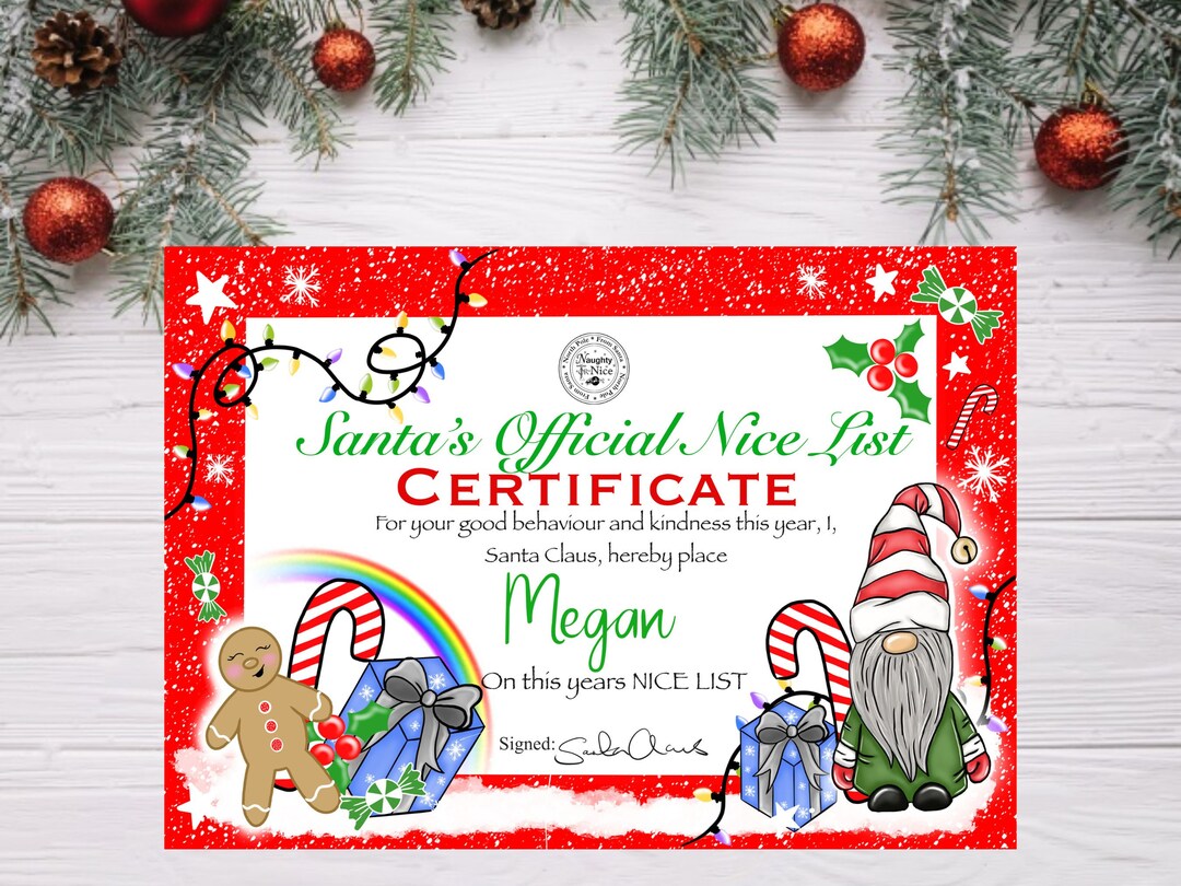 Nice List Certificate, Father Christmas Nice List, A4 Certificate