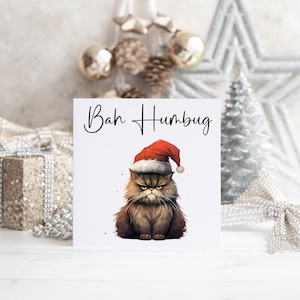 Carte de Noël grincheux, motif humoristique Bah humoristique, voeux pour les fêtes de fin d'année, cadeau de Noël original pour propriétaires d'animaux de compagnie, carte carrée de 6 x 6 po