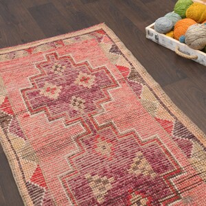 3x10 Handmade Pink Oushak Wool Runner Rug: Vintage Turkish