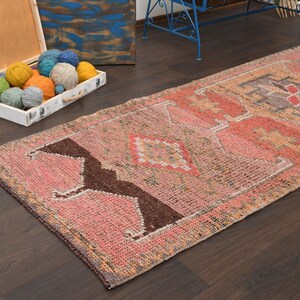 Pink Runner 3x10 Vintage Rug Turkish Runner Bohemian Pink Blue Runner Rug Handmade Rug Wool Runner Rug Pink Oushak Rug 3x10 Turkish Rug