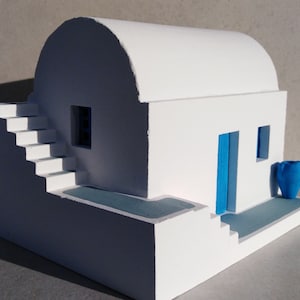 Blue and White house 2 - Santorini - Handcarved traditional Greek house architectural model