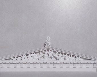 May include: A white model of a Greek temple with a triangular pediment and a frieze depicting a scene of a chariot race. The temple is made of plaster or a similar material and is a decorative piece.