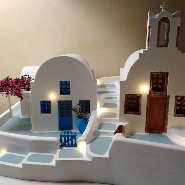 Cycladic Duo - Santorini - Handcarved illuminated traditional Greek architectural church and house model with pergola and boucamvillea